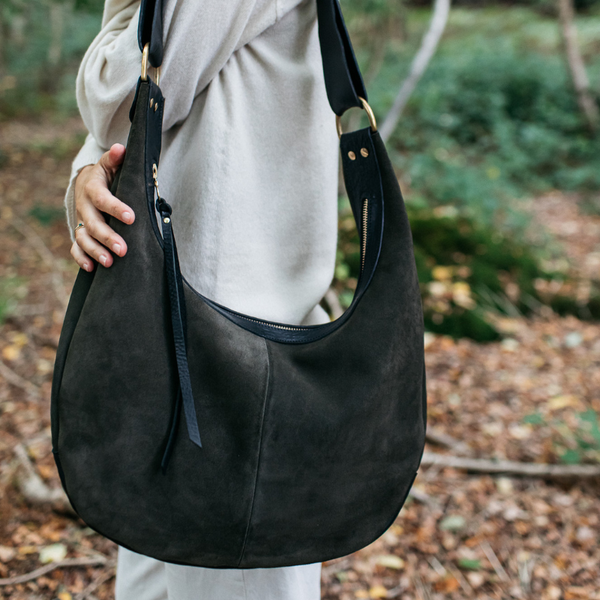 Beau Crescent bag moss suede black Anna Pugh Handmade Leather Bags